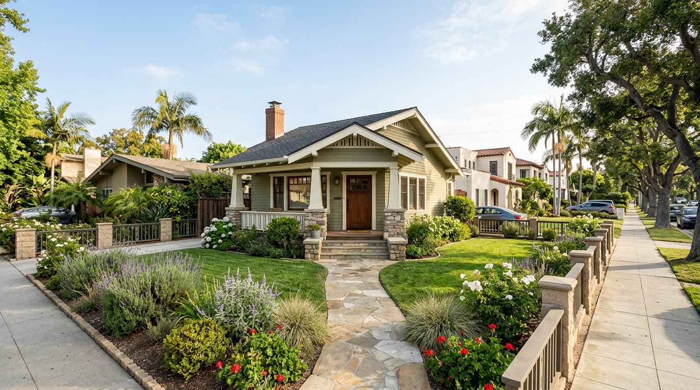 A modest craftsman-style house with a covered porch and a small front garden on a residential California street.