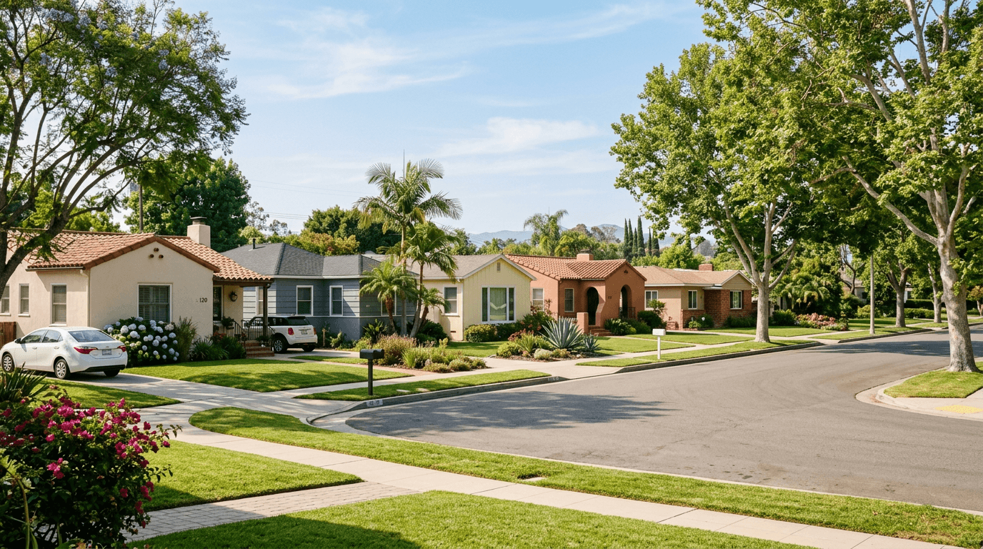 A row of tidy single-story homes with front lawns along a quiet Orange County street in warm morning light.