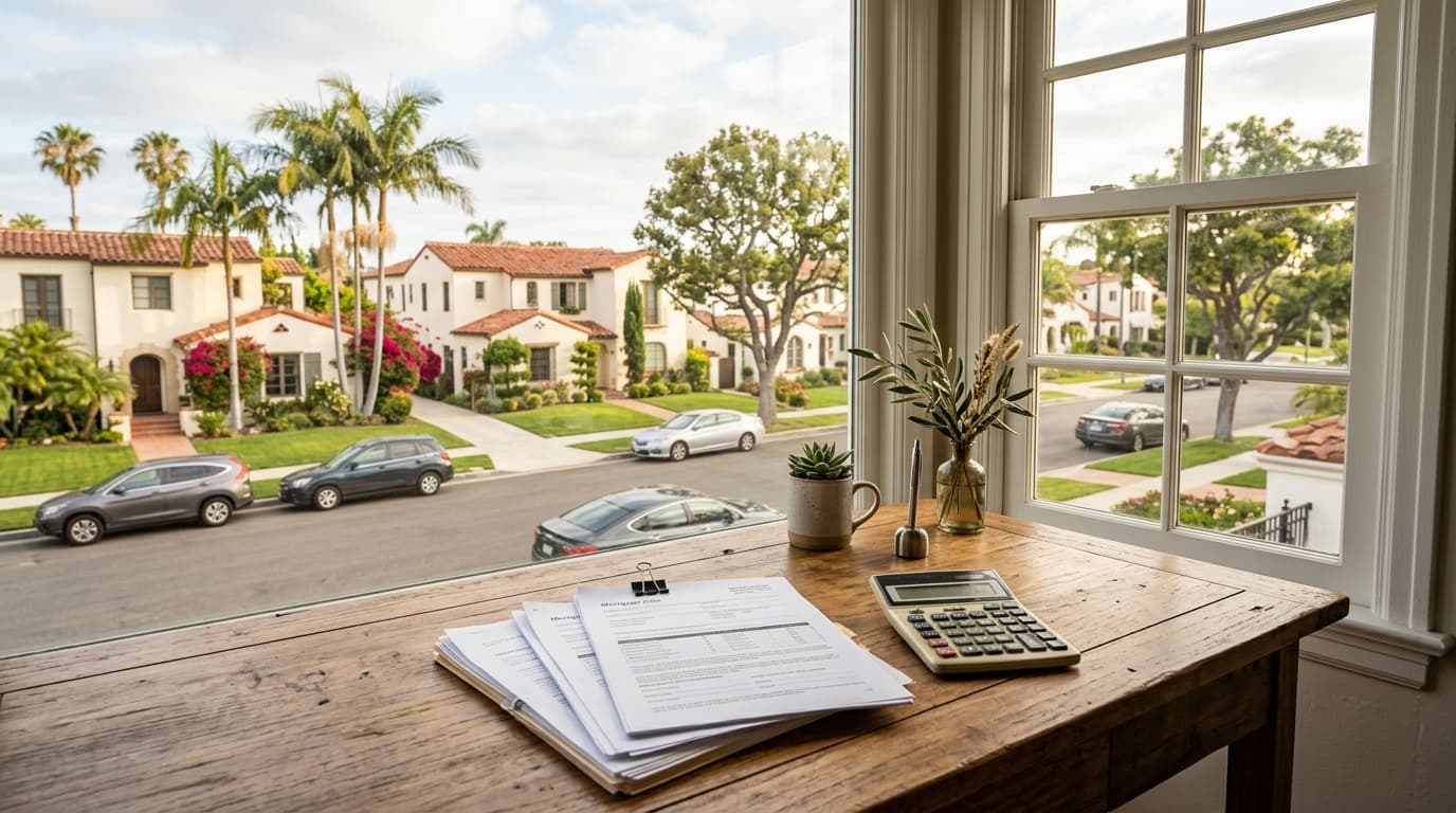 A stack of mortgage paperwork and a calculator resting on a wooden desk beside a window overlooking a suburban street.
