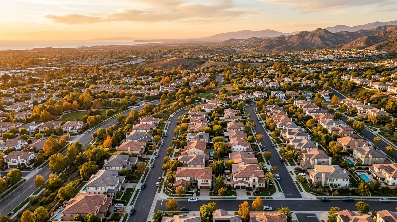 Aerial view of Orange County residential streets and tree-lined blocks at golden hour in autumn.